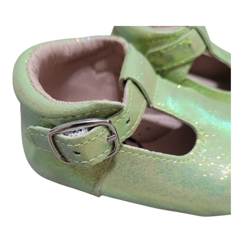 NEW A Bear Co Toddler Size 3 Smooth Glitter T-Strap Flats‎ Green Girls